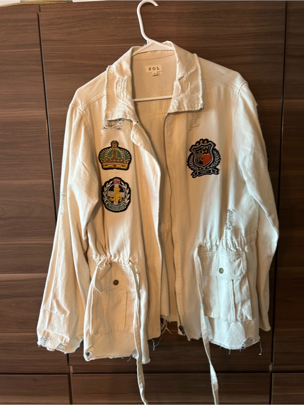 POL Cream Distressed Patch Utility Jacket with Drawstring Waist - Picture 10 of 11